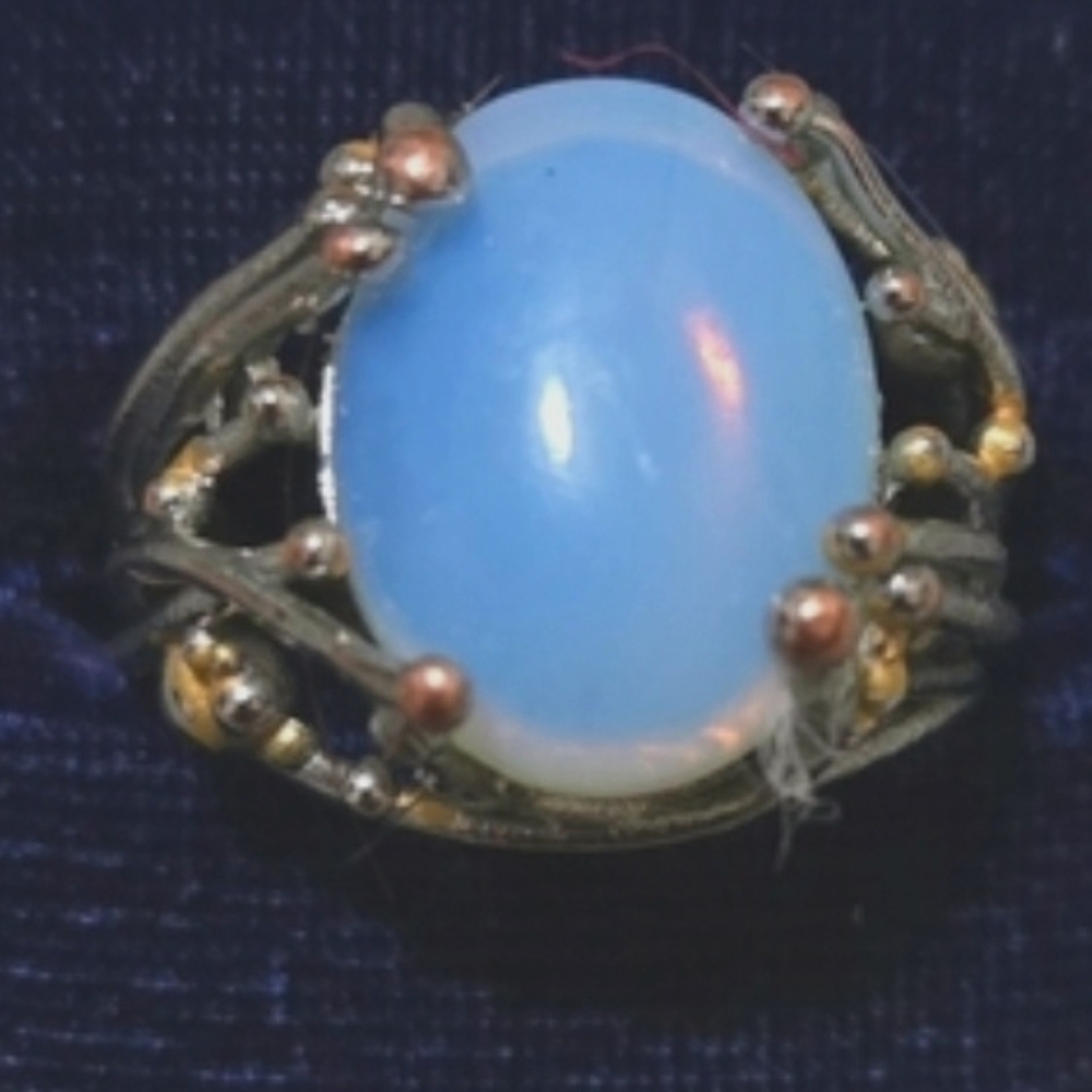 Vibrant Opal Ring Light Brilliant Blue With Silver And Gold Accents. Gorgeous! - Picture 6 of 6